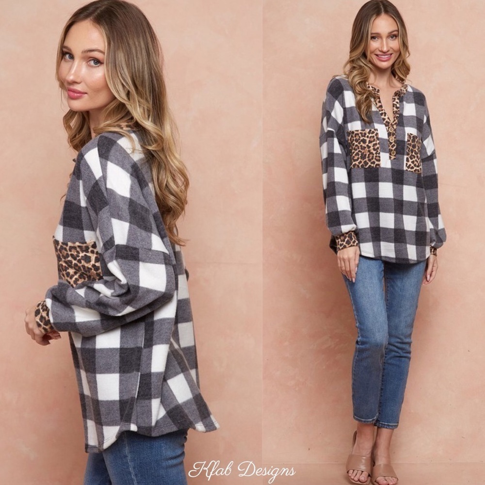 LAST 1! SO SOFT Plaid/ Leopard Contrast Henley with Pocket! - Picture 6 of 7